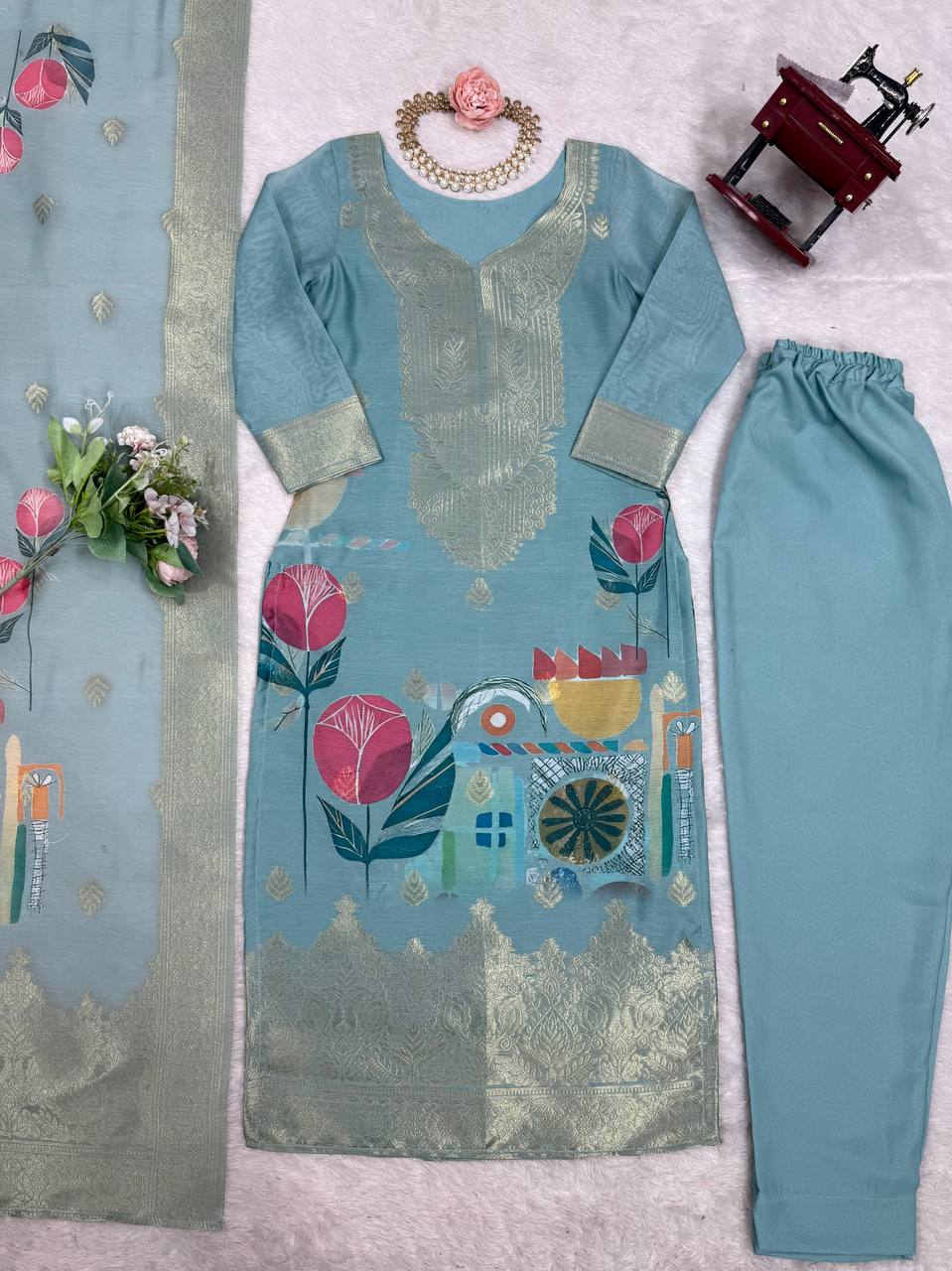 Women’s Sky Blue Chanderi Kurta Set – Regal Ethnic Wear for Festive & Traditional Occasions