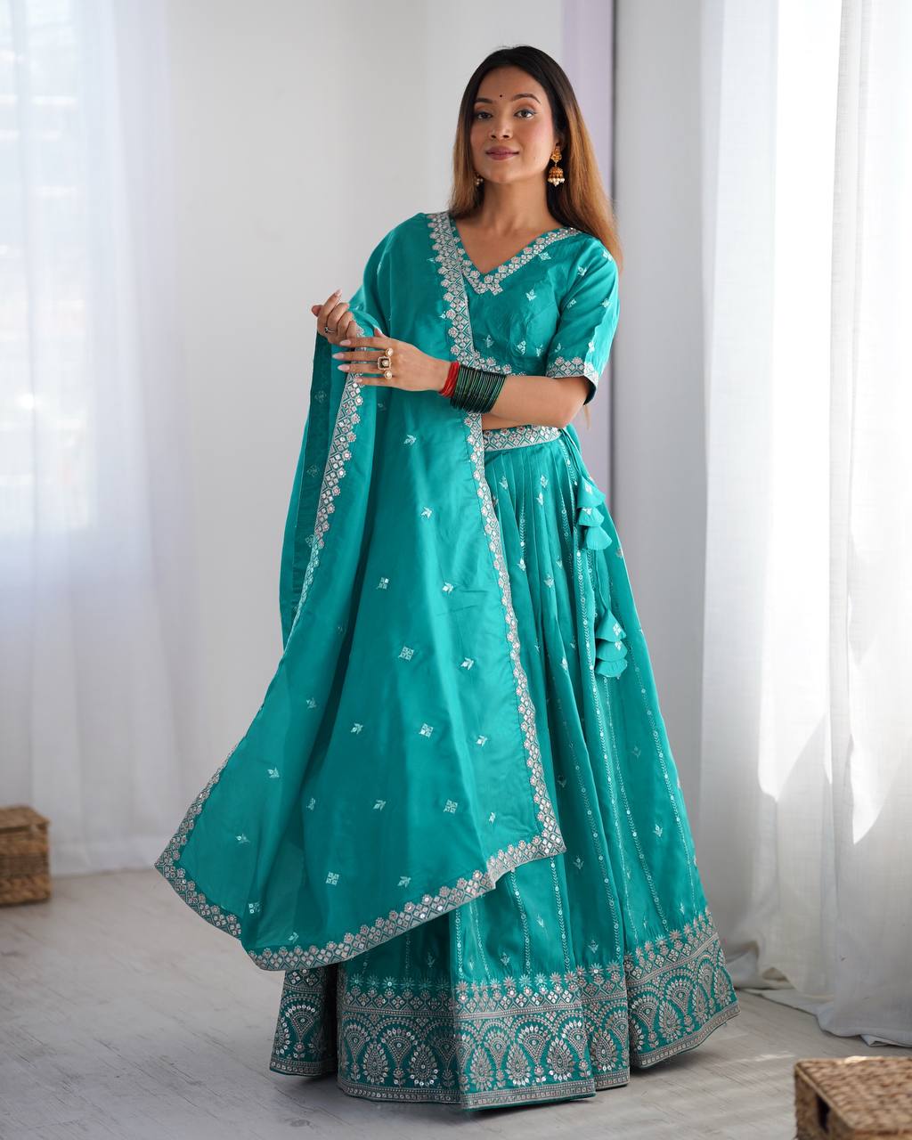 Teal Semi-Stitched Silk Lehenga Choli Set – Embellished with Thread & Sequin Work