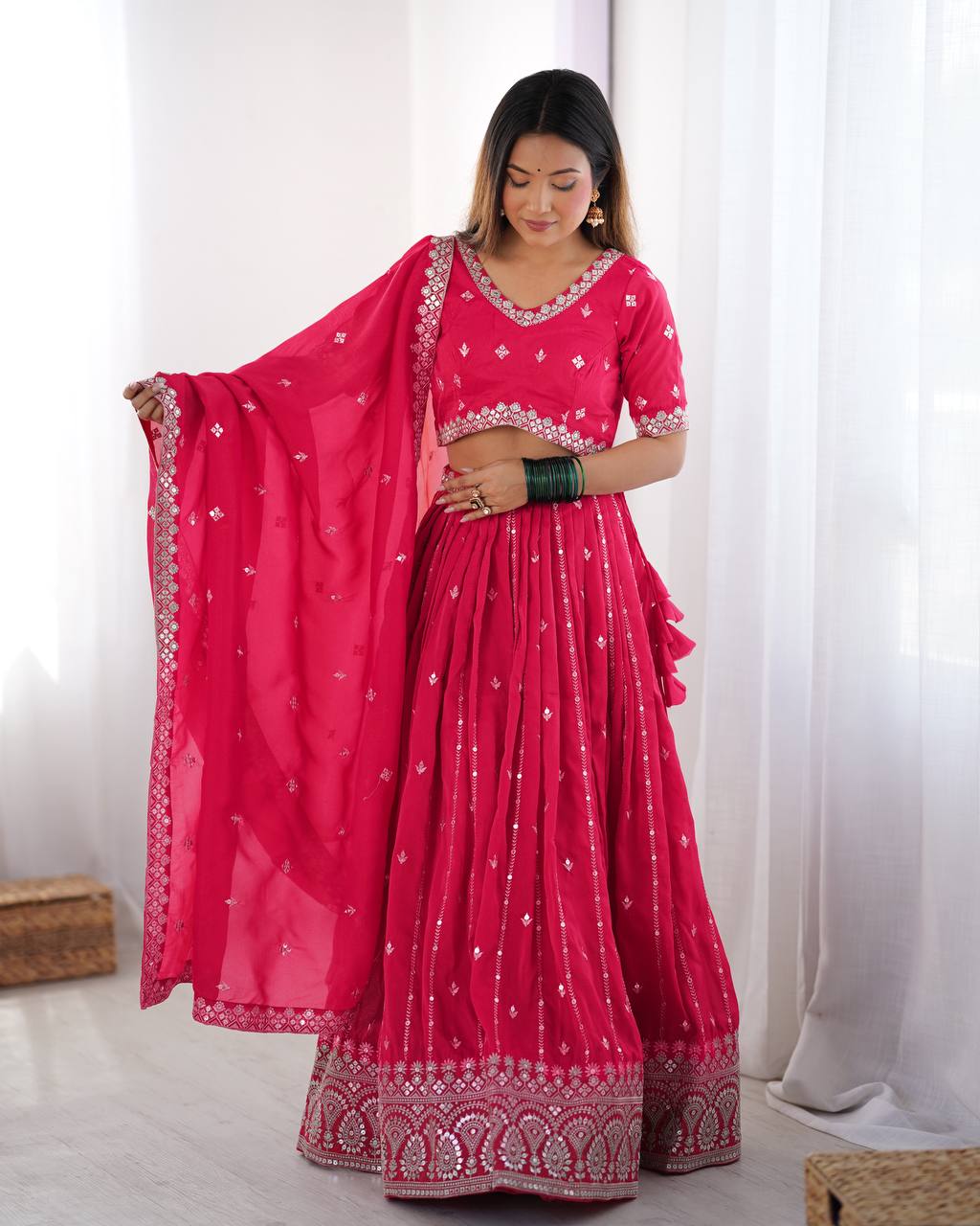 Rani Pink Semi-Stitched Silk Lehenga Choli Set – Embellished with Thread & Sequin Work