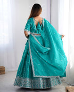 Teal Semi-Stitched Silk Lehenga Choli Set – Embellished with Thread & Sequin Work