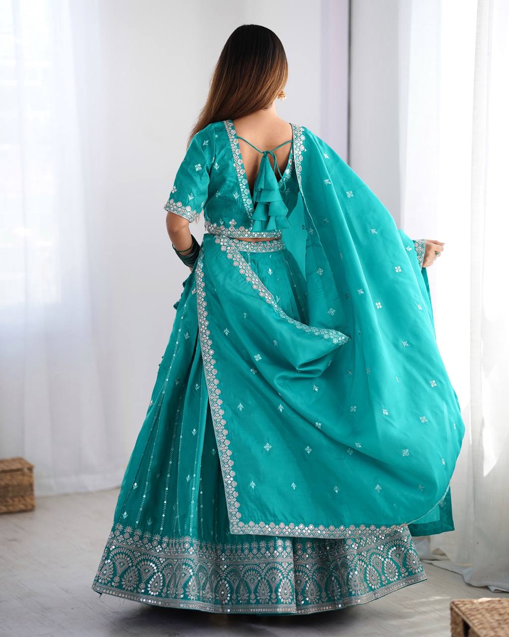 Teal Semi-Stitched Silk Lehenga Choli Set – Embellished with Thread & Sequin Work