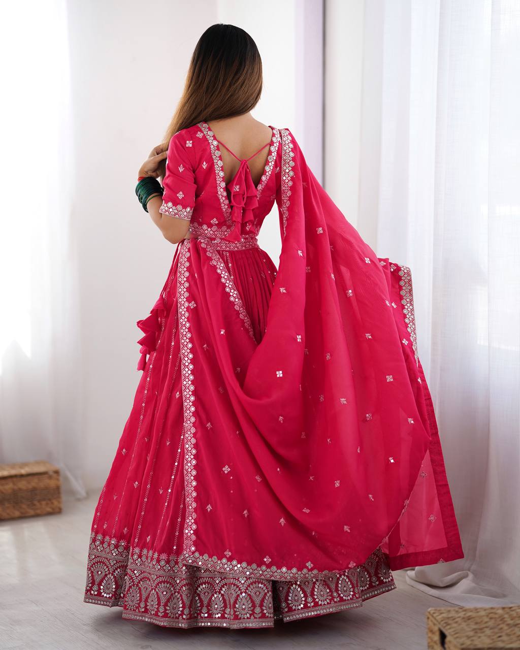 Rani Pink Semi-Stitched Silk Lehenga Choli Set – Embellished with Thread & Sequin Work