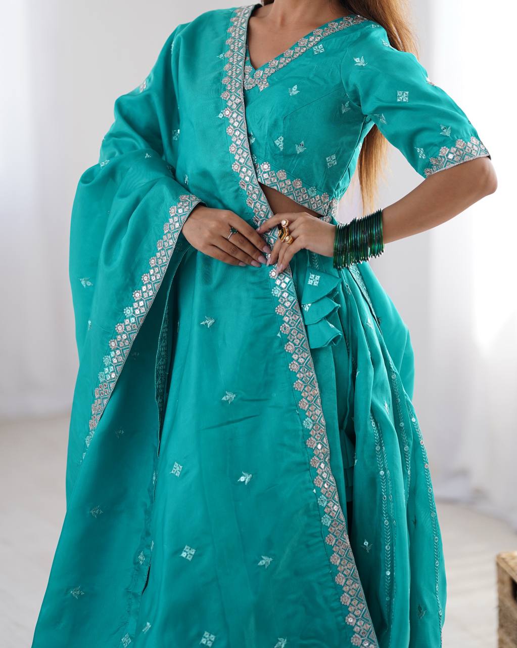 Teal Semi-Stitched Silk Lehenga Choli Set – Embellished with Thread & Sequin Work