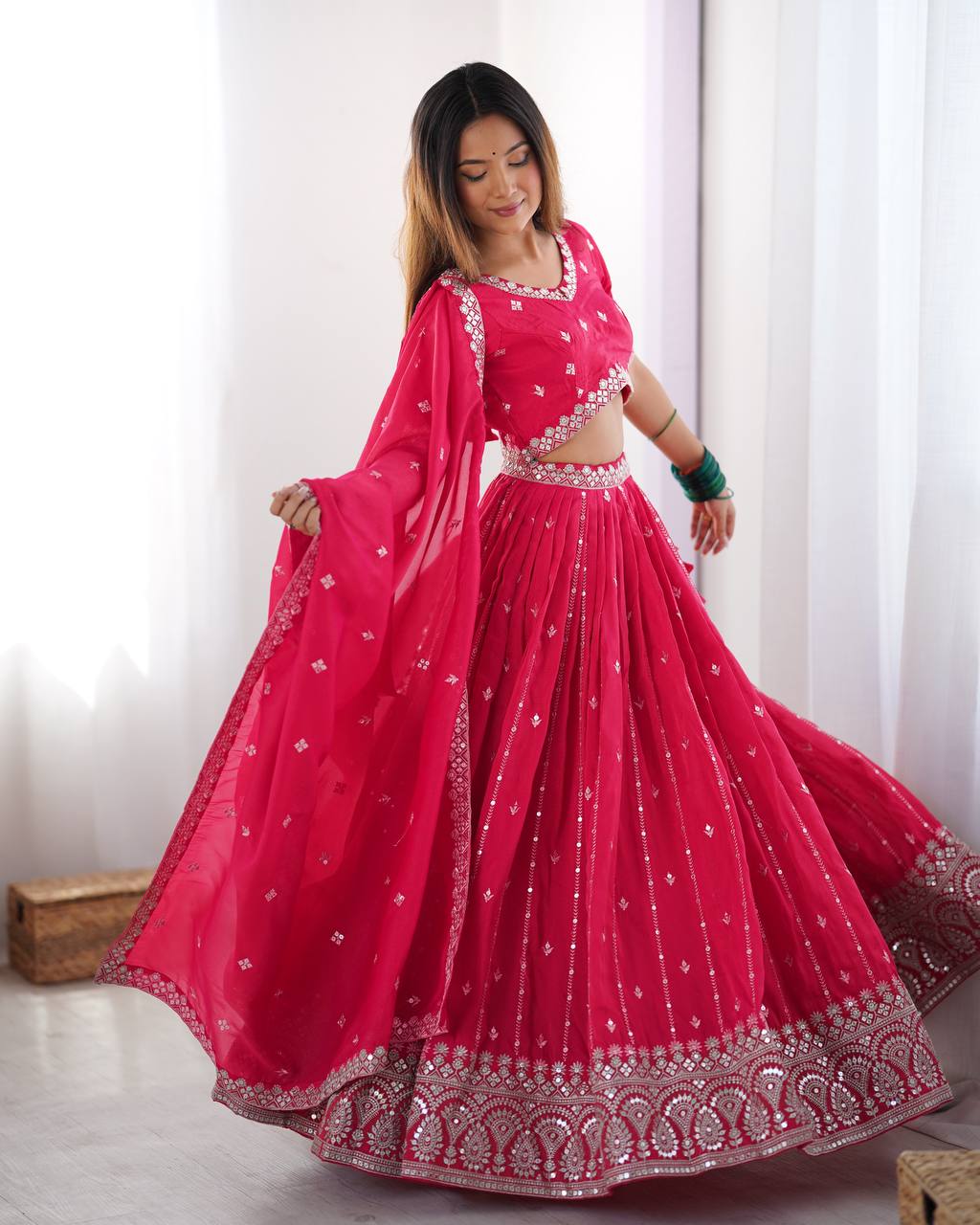 Rani Pink Semi-Stitched Silk Lehenga Choli Set – Embellished with Thread & Sequin Work