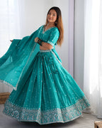 Teal Semi-Stitched Silk Lehenga Choli Set – Embellished with Thread & Sequin Work