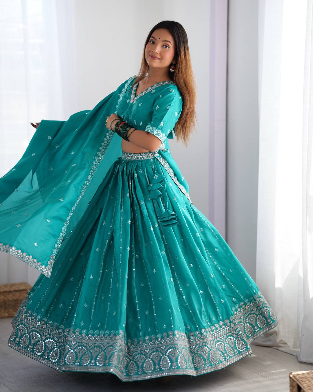 Teal Semi-Stitched Silk Lehenga Choli Set – Embellished with Thread & Sequin Work