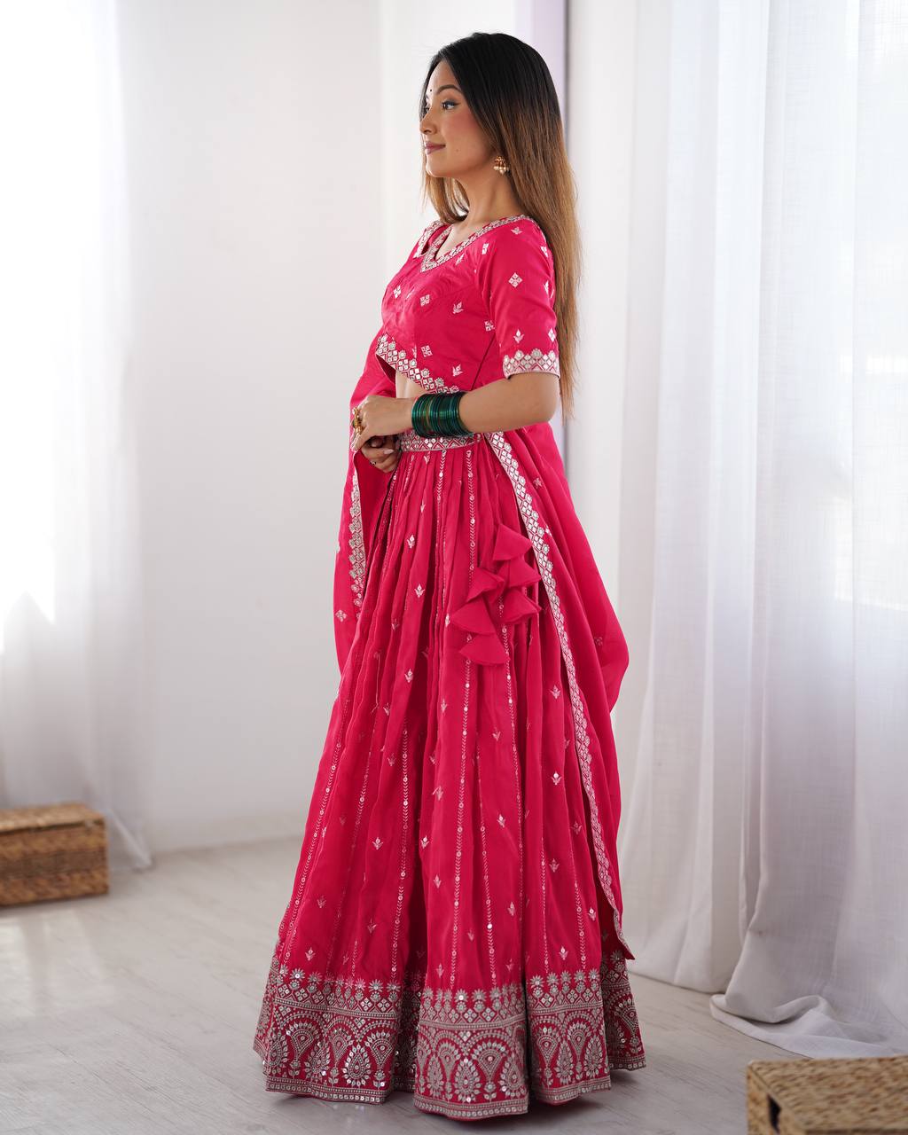 Rani Pink Semi-Stitched Silk Lehenga Choli Set – Embellished with Thread & Sequin Work
