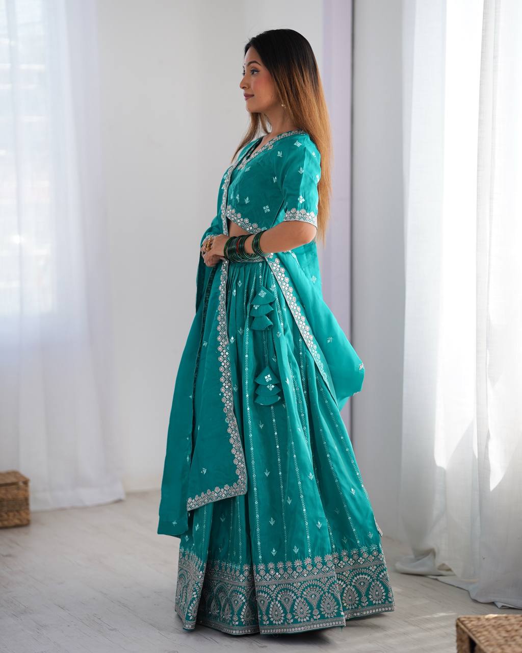 Teal Semi-Stitched Silk Lehenga Choli Set – Embellished with Thread & Sequin Work