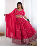 Rani Pink Semi-Stitched Silk Lehenga Choli Set – Embellished with Thread & Sequin Work
