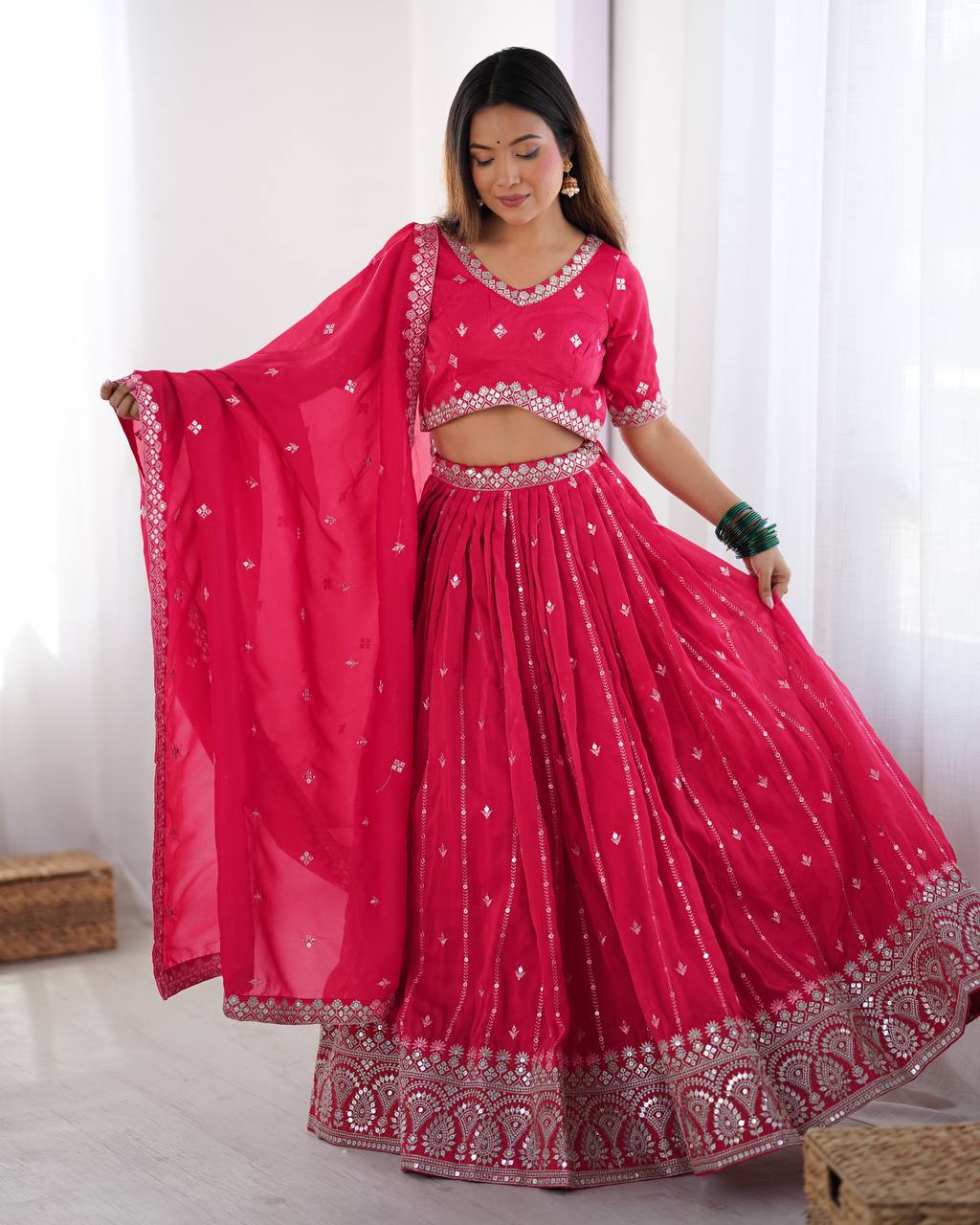 Rani Pink Semi-Stitched Silk Lehenga Choli Set – Embellished with Thread & Sequin Work