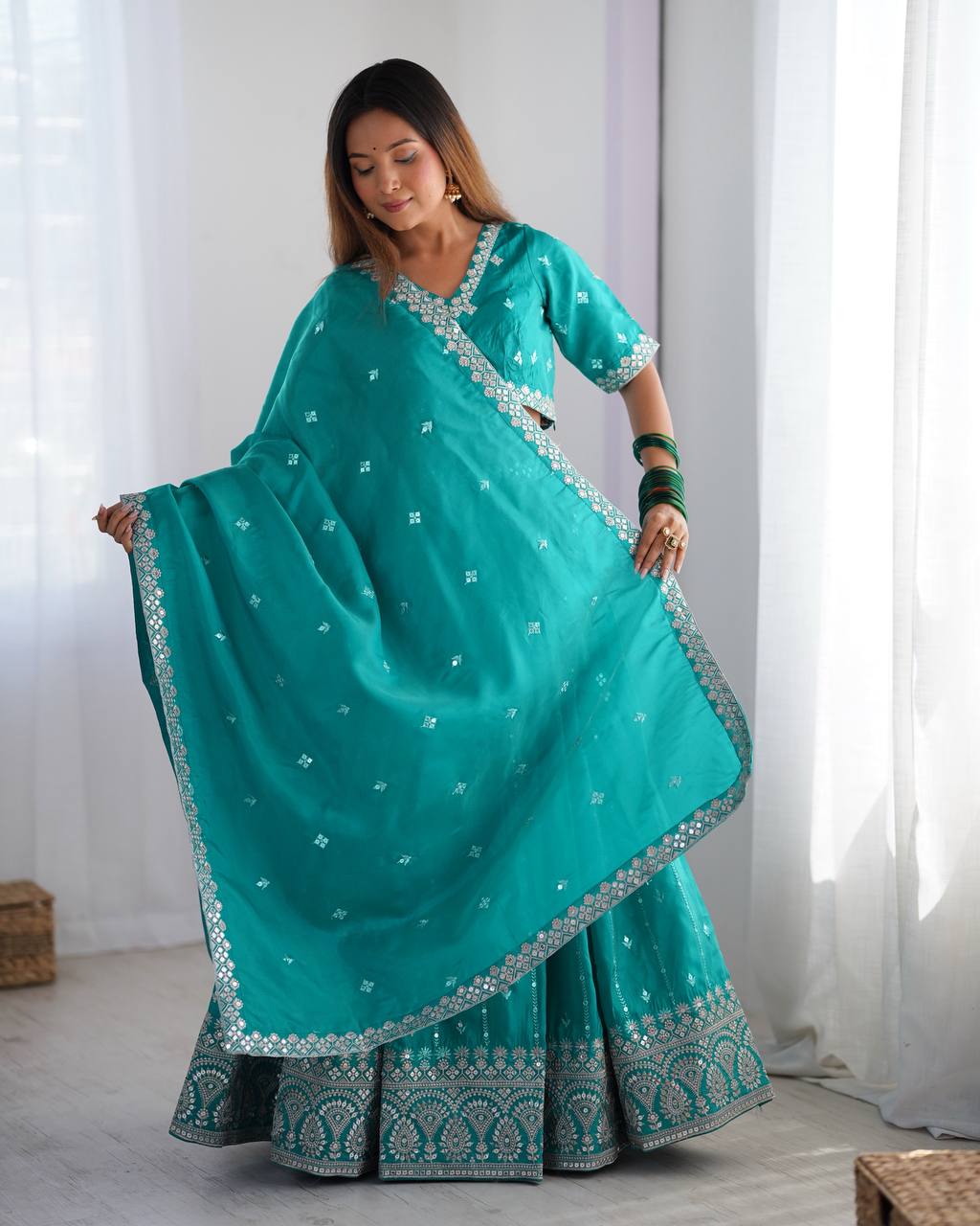 Teal Semi-Stitched Silk Lehenga Choli Set – Embellished with Thread & Sequin Work