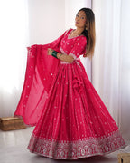 Rani Pink Semi-Stitched Silk Lehenga Choli Set – Embellished with Thread & Sequin Work