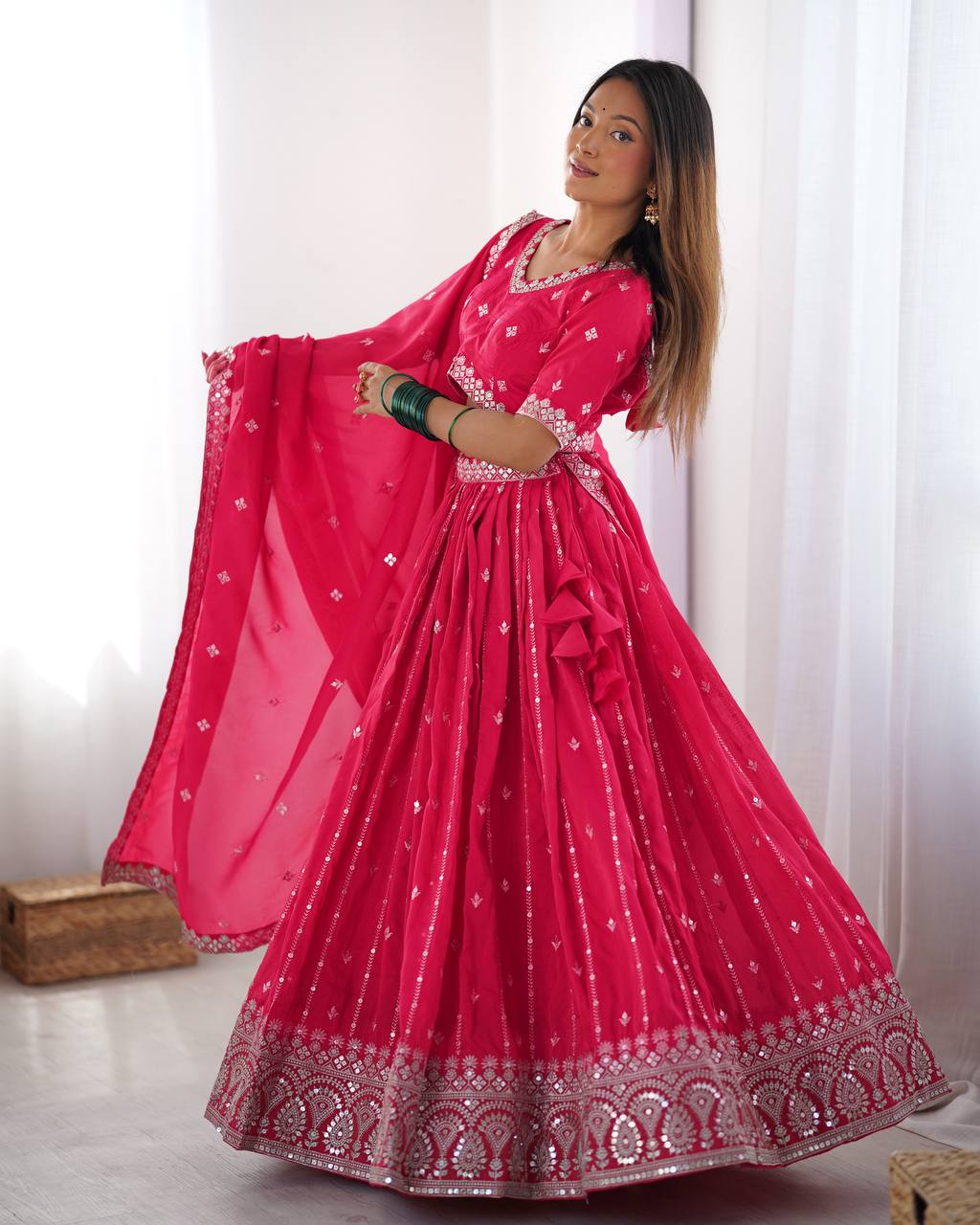 Rani Pink Semi-Stitched Silk Lehenga Choli Set – Embellished with Thread & Sequin Work