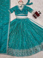 Teal Semi-Stitched Silk Lehenga Choli Set – Embellished with Thread & Sequin Work