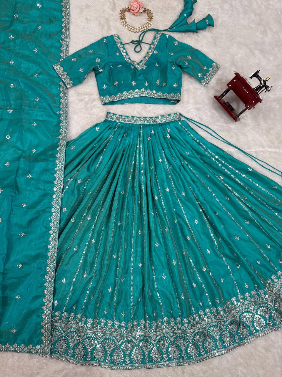 Teal Semi-Stitched Silk Lehenga Choli Set – Embellished with Thread & Sequin Work