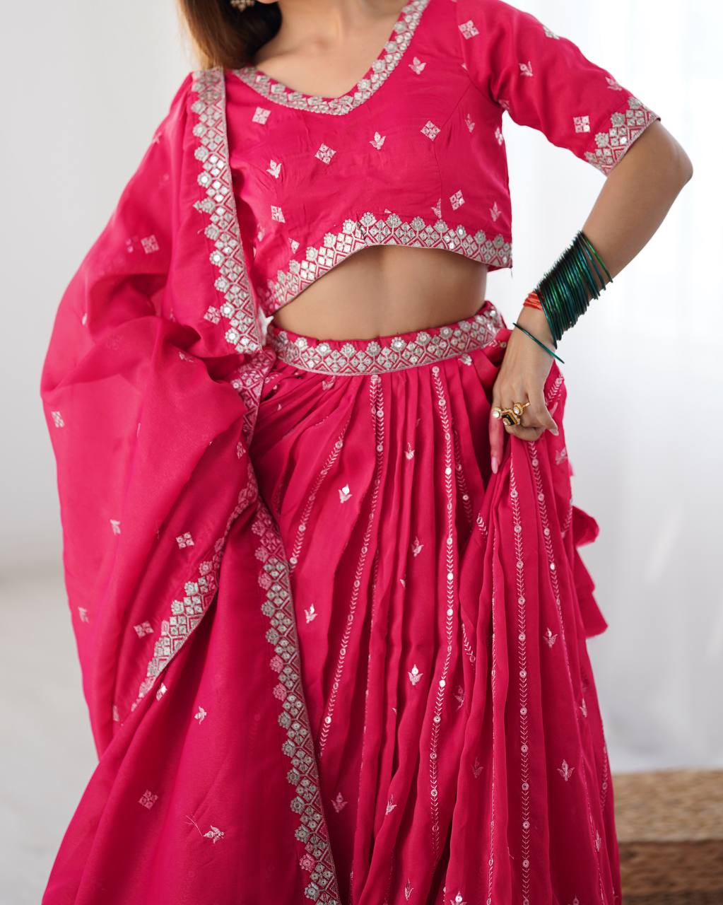 Rani Pink Semi-Stitched Silk Lehenga Choli Set – Embellished with Thread & Sequin Work