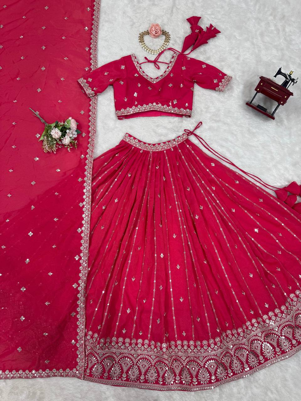 Rani Pink Semi-Stitched Silk Lehenga Choli Set – Embellished with Thread & Sequin Work