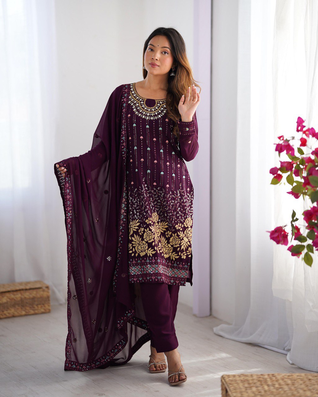 Women’s Wine Georgette Salwar Suit – Elegant Ethnic Wear for Festive & Party Occasions