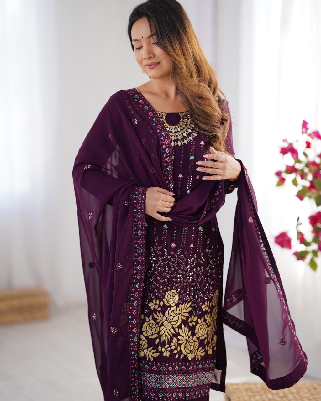 Women’s Wine Georgette Salwar Suit – Elegant Ethnic Wear for Festive & Party Occasions