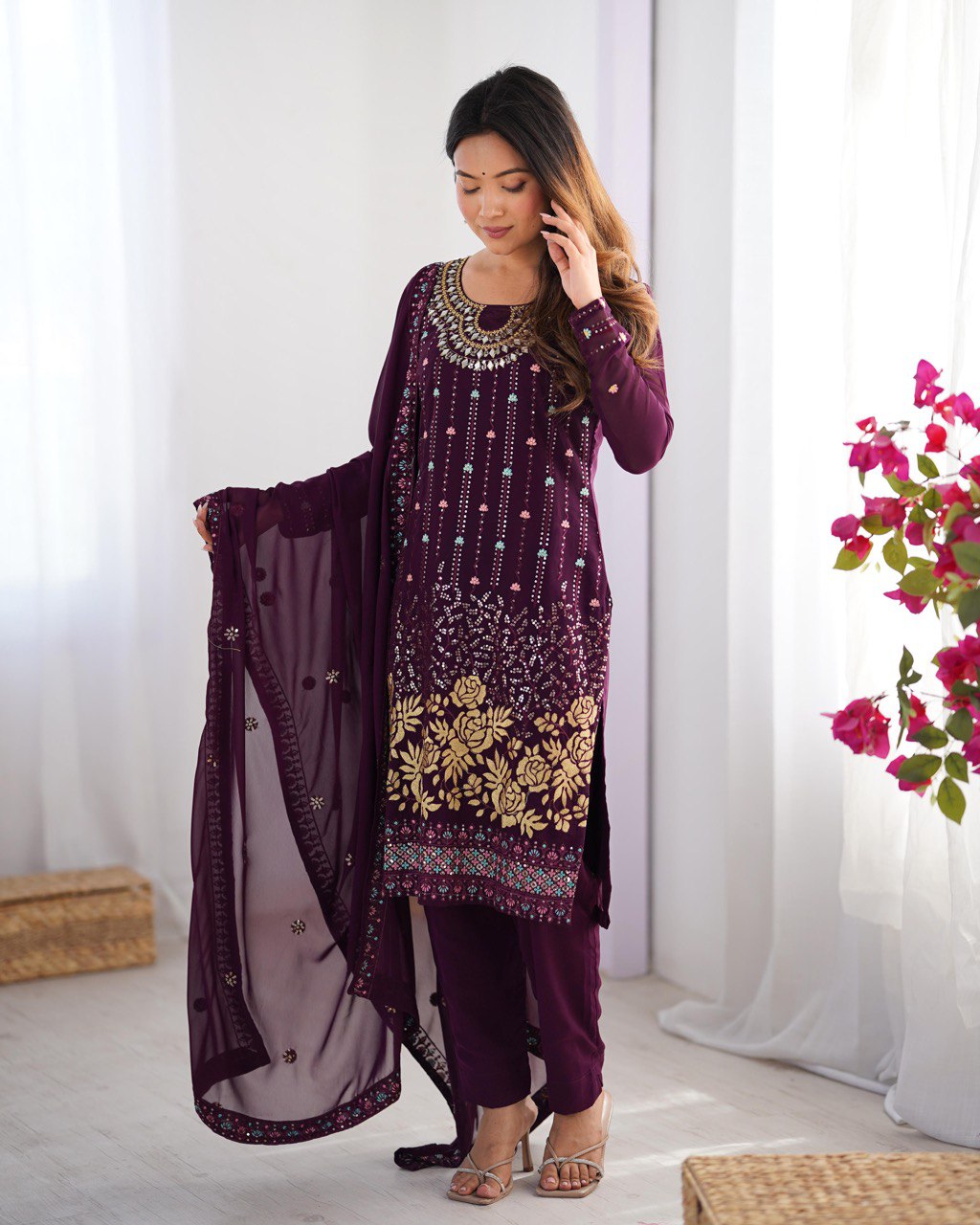 Women’s Wine Georgette Salwar Suit – Elegant Ethnic Wear for Festive & Party Occasions
