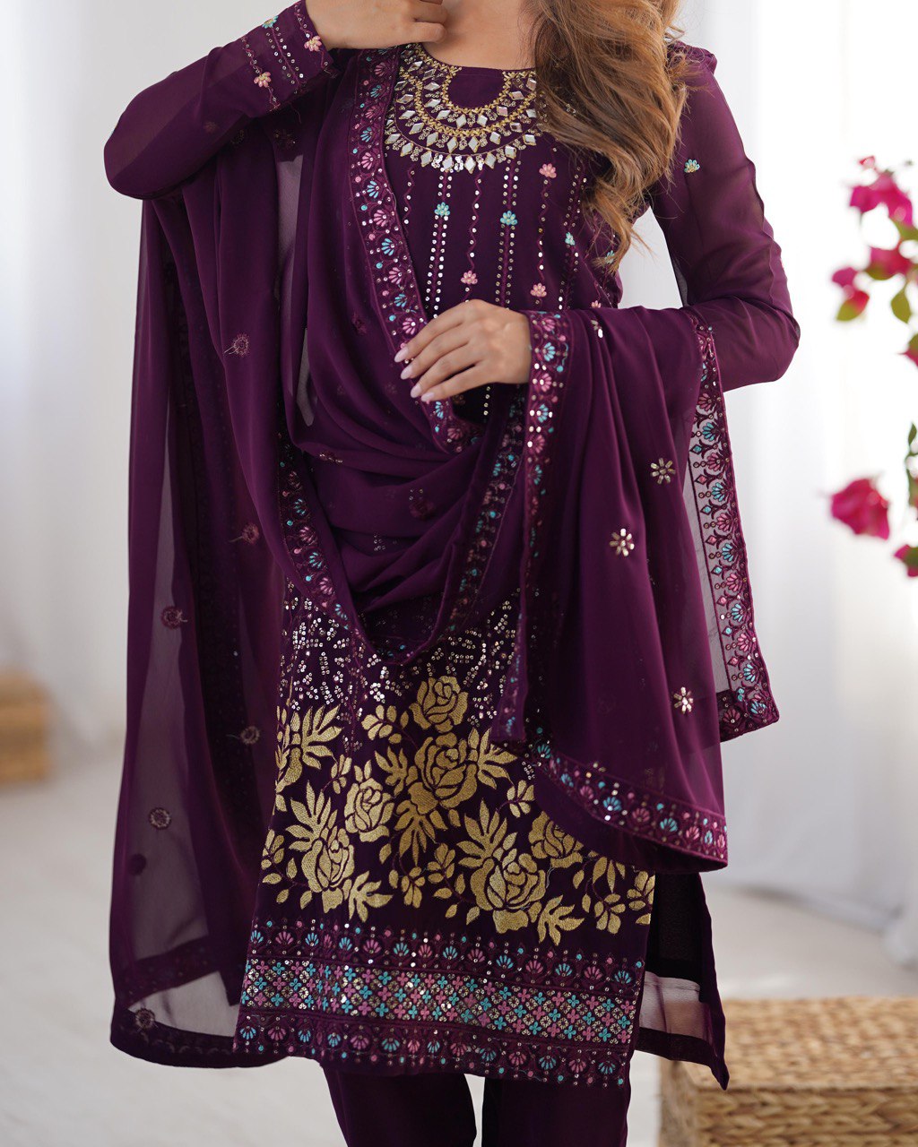 Women’s Wine Georgette Salwar Suit – Elegant Ethnic Wear for Festive & Party Occasions
