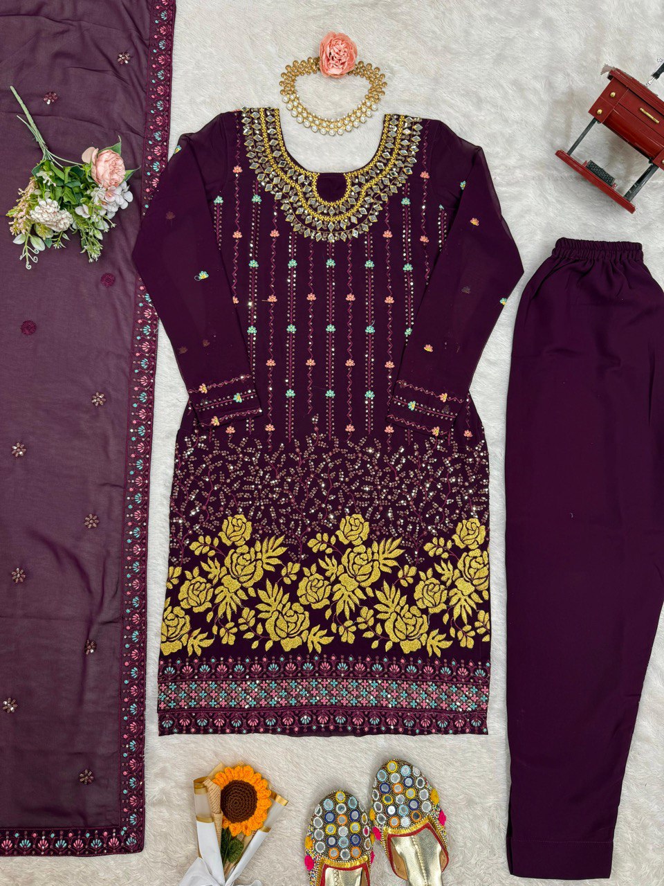 Women’s Wine Georgette Salwar Suit – Elegant Ethnic Wear for Festive & Party Occasions