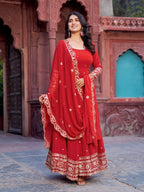 Faux Red Georgette Gown – Elegant Party Wear for Women