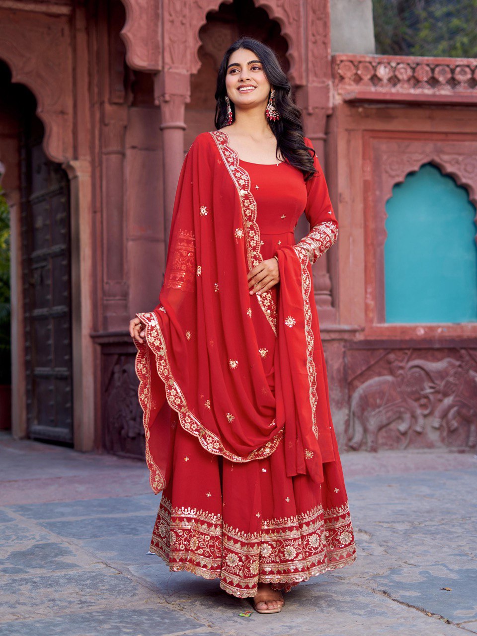 Faux Red Georgette Gown – Elegant Party Wear for Women