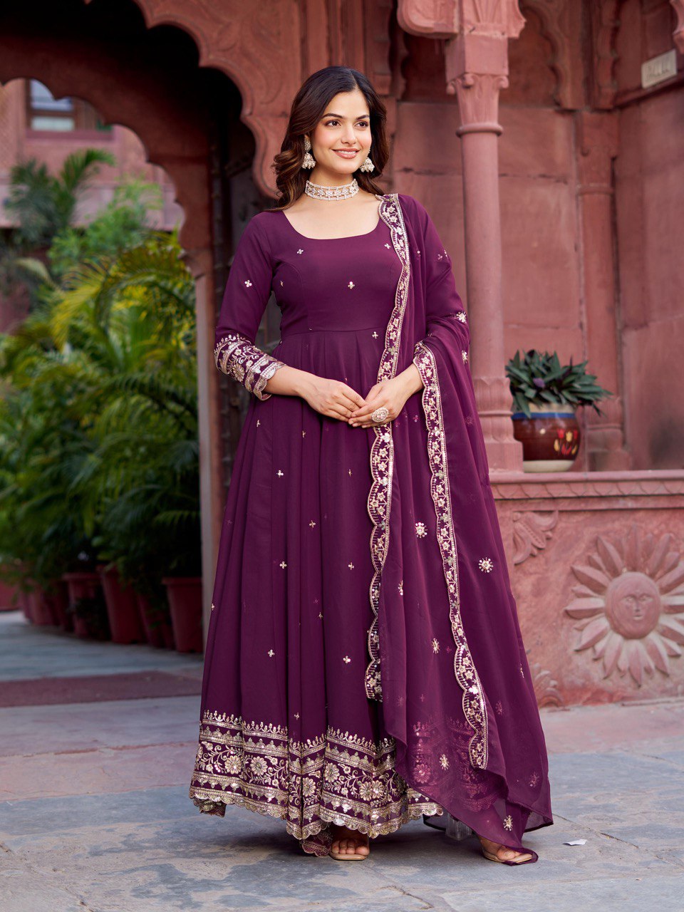 Faux Wine Georgette Gown – Elegant Party Wear for Women