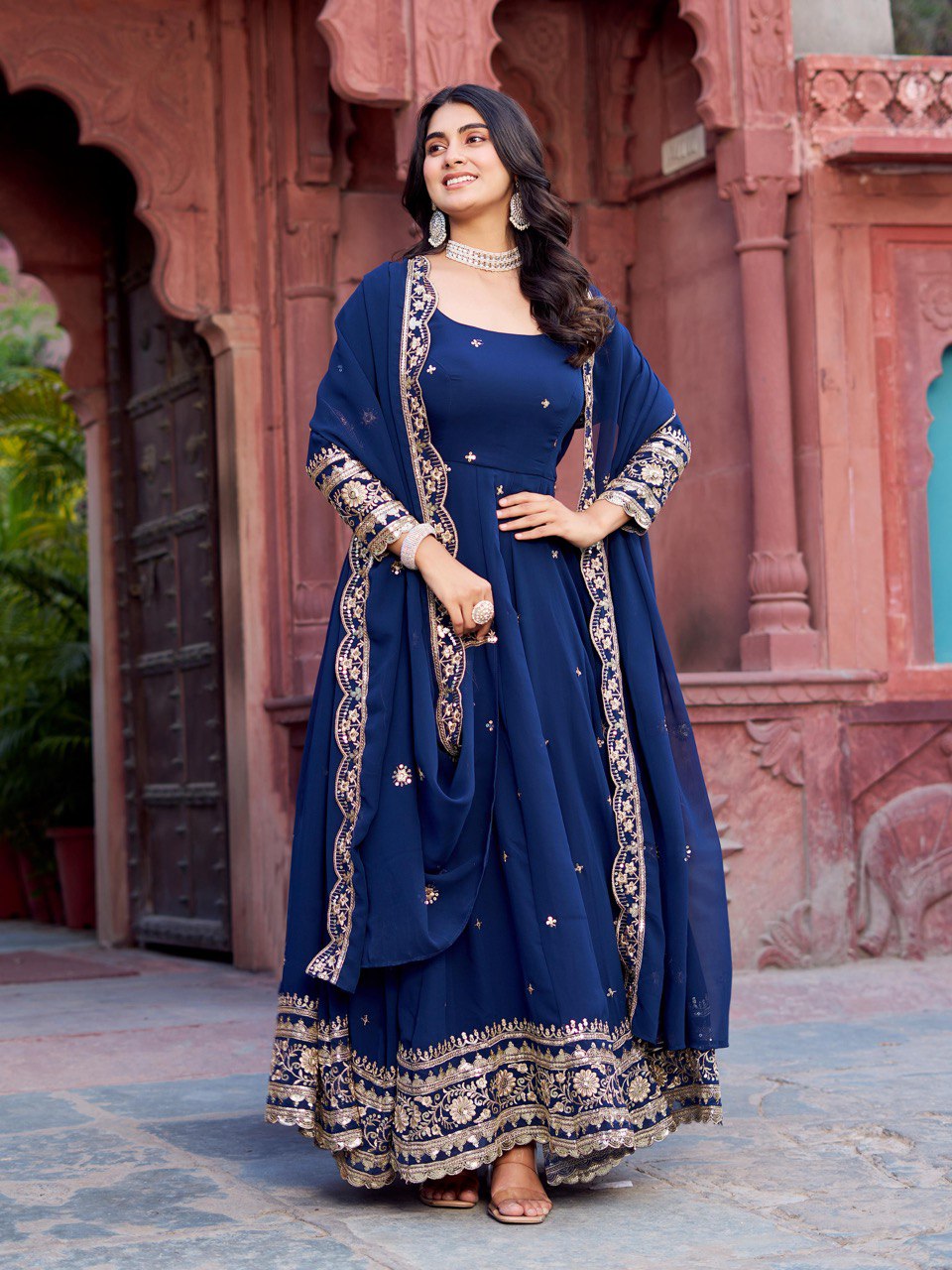 Faux Navy Blue Georgette Gown – Elegant Party Wear for Women