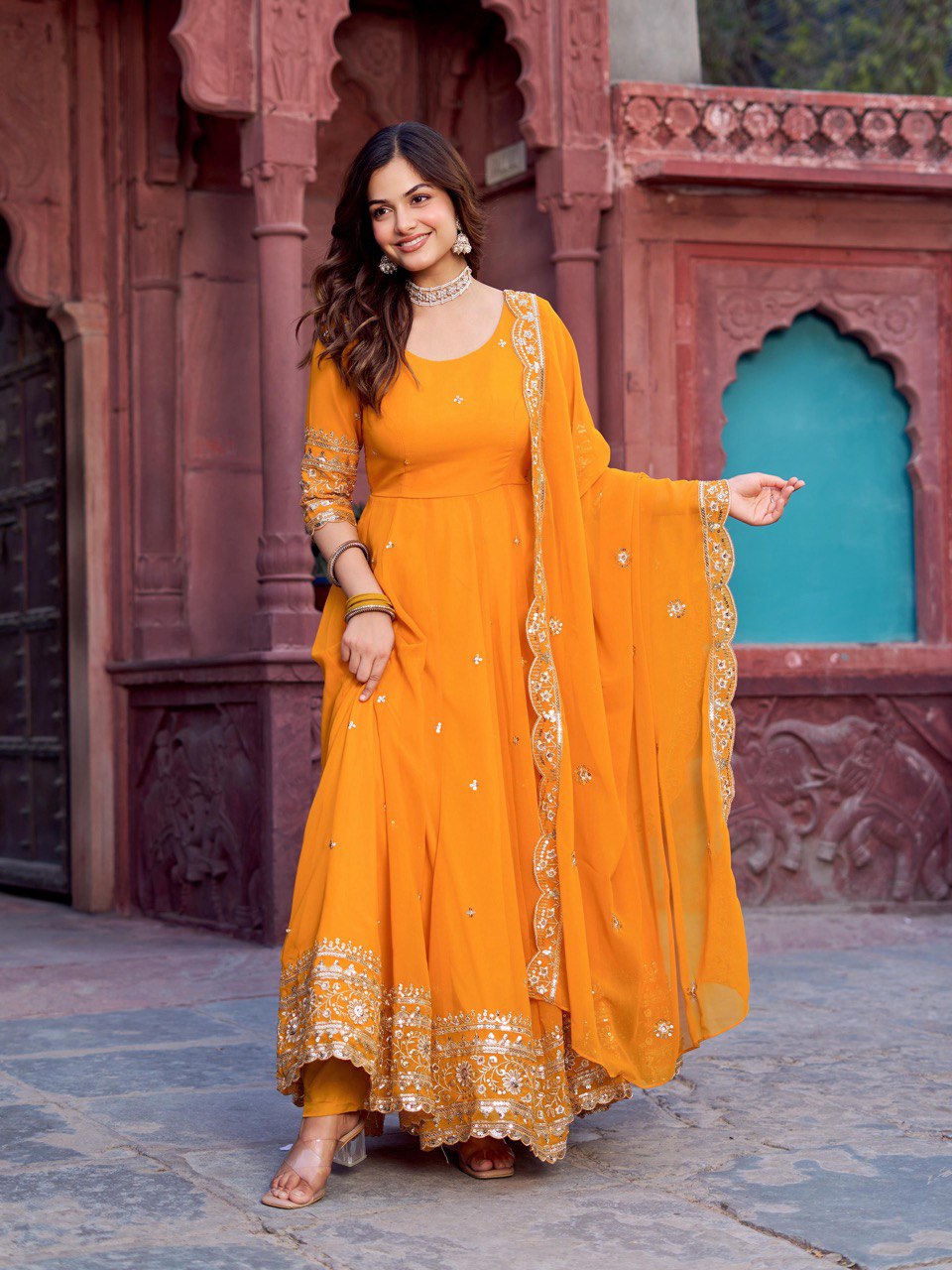 Faux Yellow Georgette Gown – Elegant Party Wear for Women