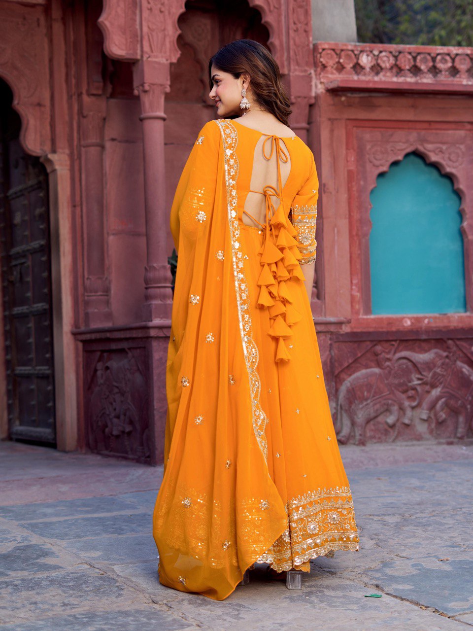 Faux Yellow Georgette Gown – Elegant Party Wear for Women