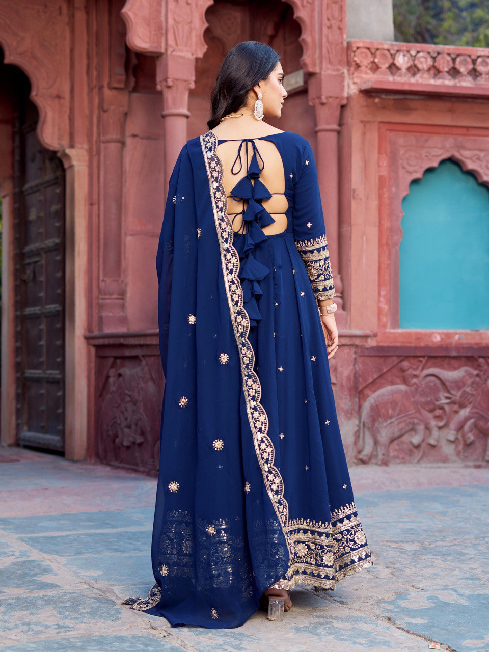 Faux Navy Blue Georgette Gown – Elegant Party Wear for Women