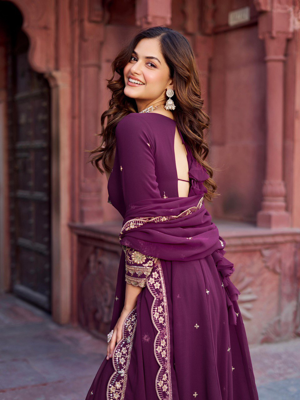 Faux Wine Georgette Gown – Elegant Party Wear for Women