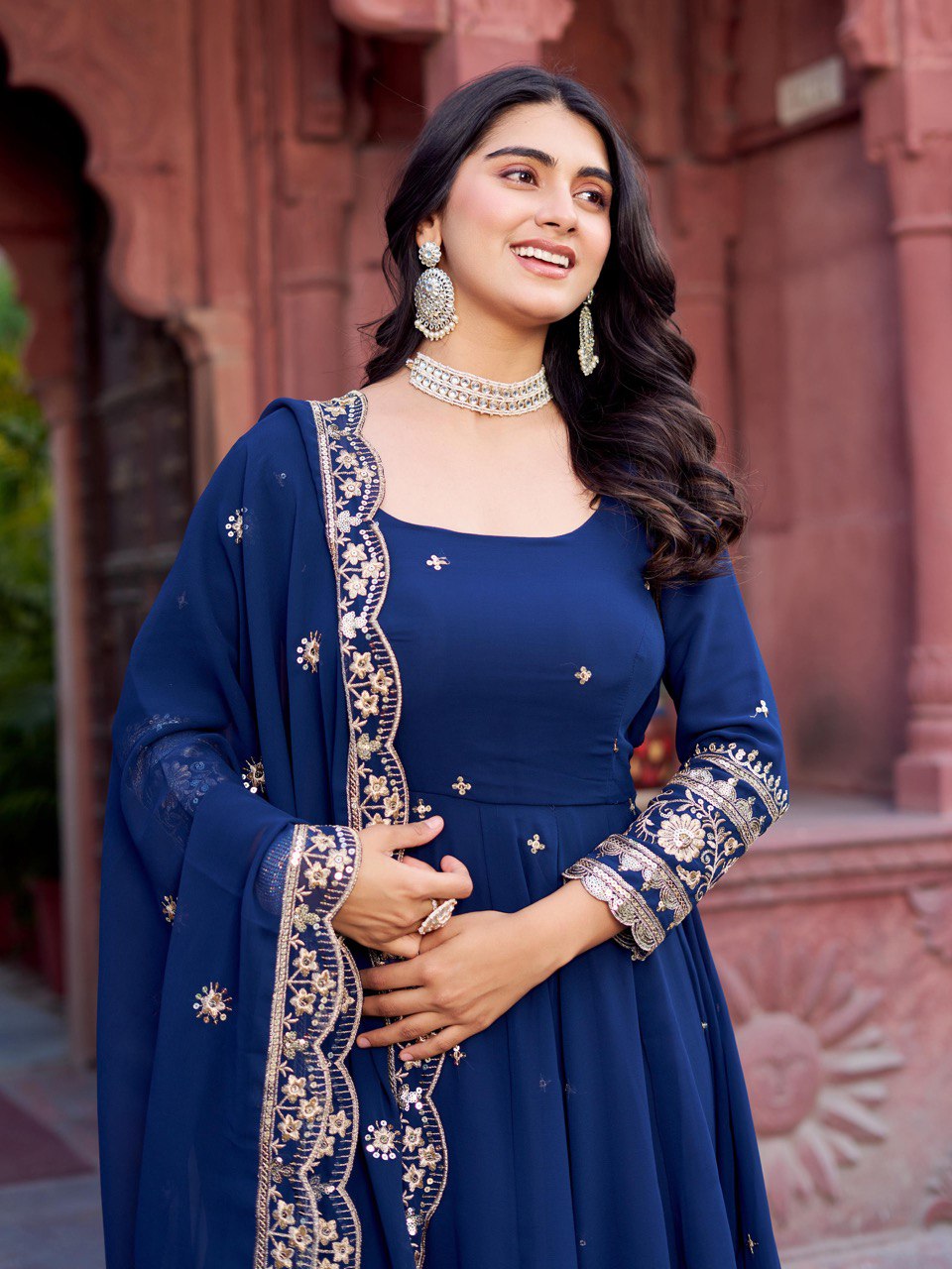 Faux Navy Blue Georgette Gown – Elegant Party Wear for Women
