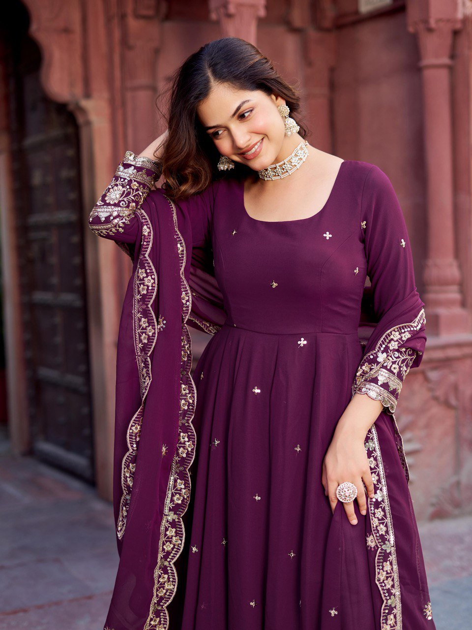 Faux Wine Georgette Gown – Elegant Party Wear for Women