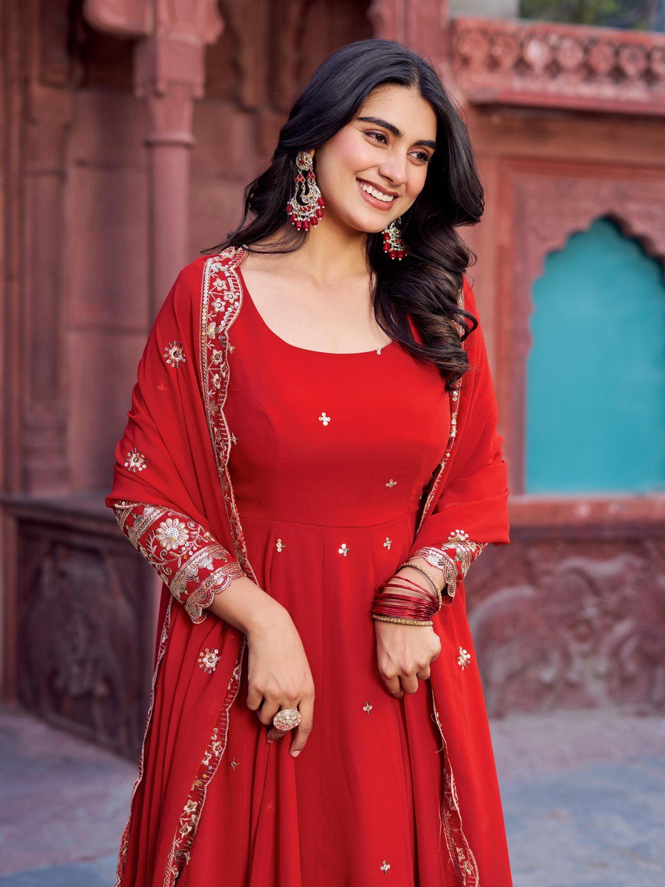 Faux Red Georgette Gown – Elegant Party Wear for Women