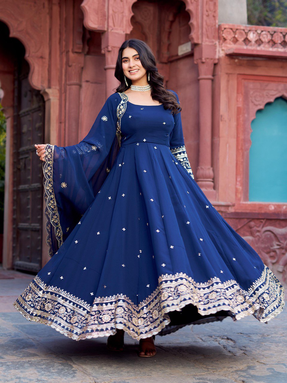 Faux Navy Blue Georgette Gown – Elegant Party Wear for Women