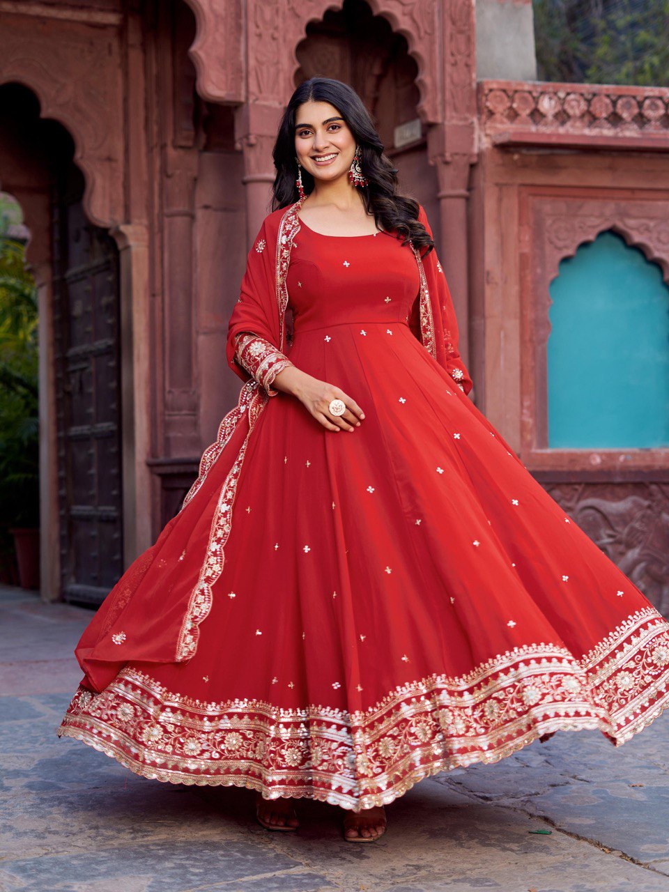 Faux Red Georgette Gown – Elegant Party Wear for Women