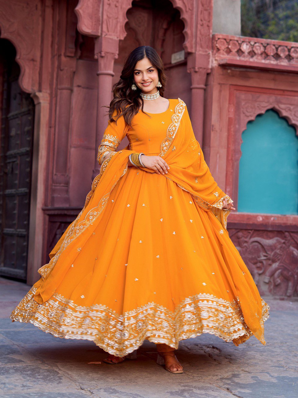 Faux Yellow Georgette Gown – Elegant Party Wear for Women