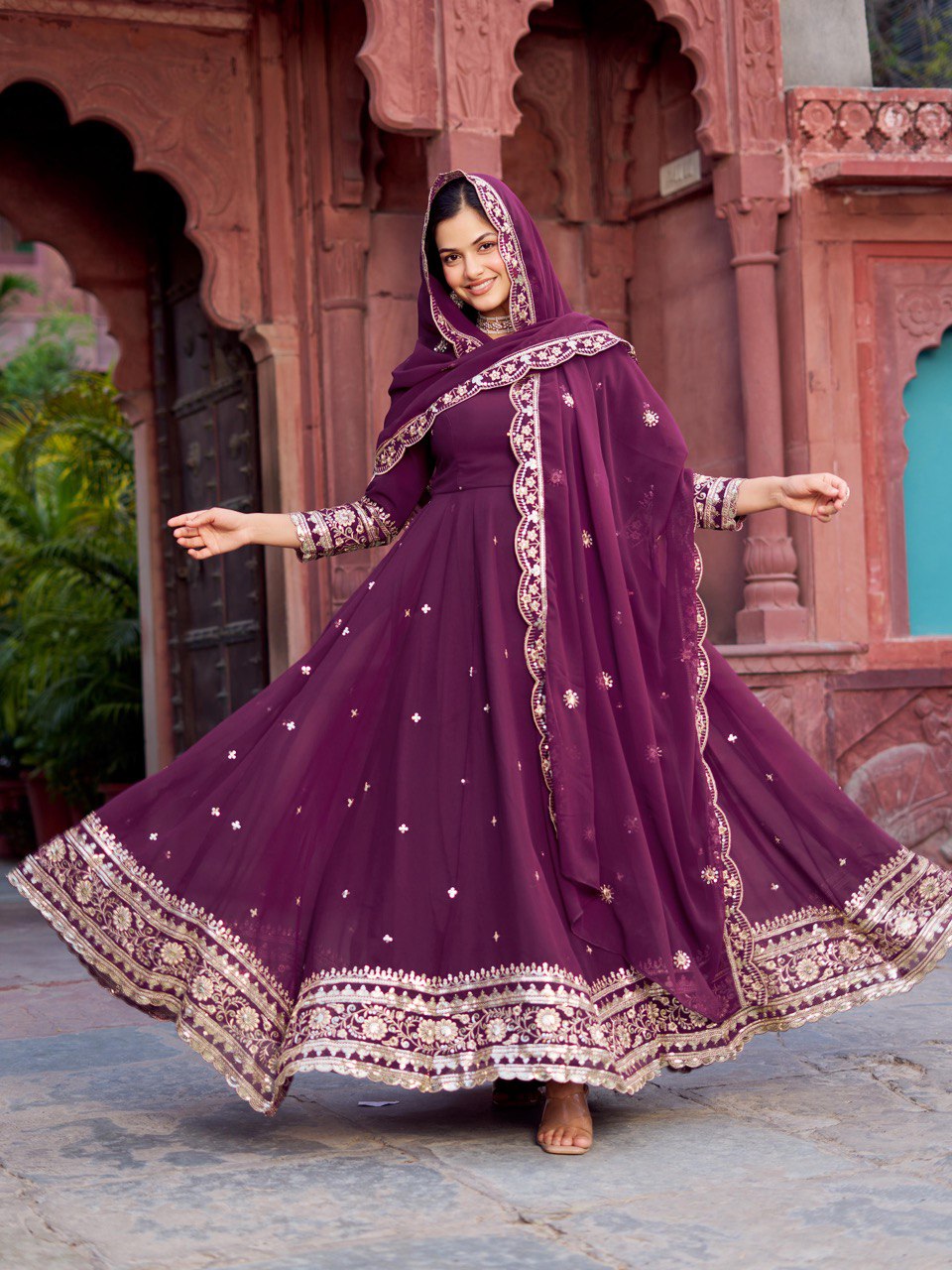 Faux Wine Georgette Gown – Elegant Party Wear for Women
