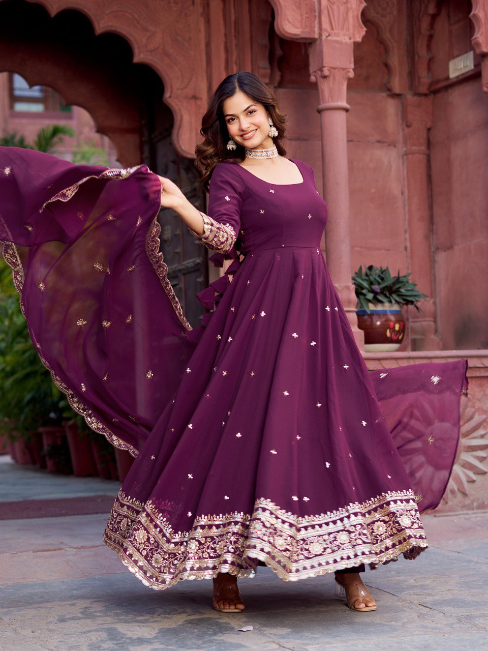Faux Wine Georgette Gown – Elegant Party Wear for Women