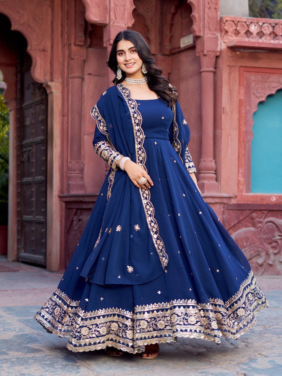 Faux Navy Blue Georgette Gown – Elegant Party Wear for Women