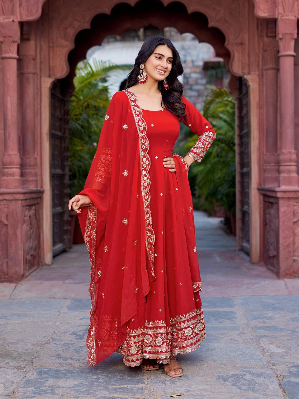 Faux Red Georgette Gown – Elegant Party Wear for Women