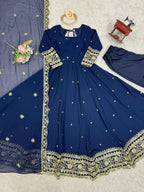 Faux Navy Blue Georgette Gown – Elegant Party Wear for Women