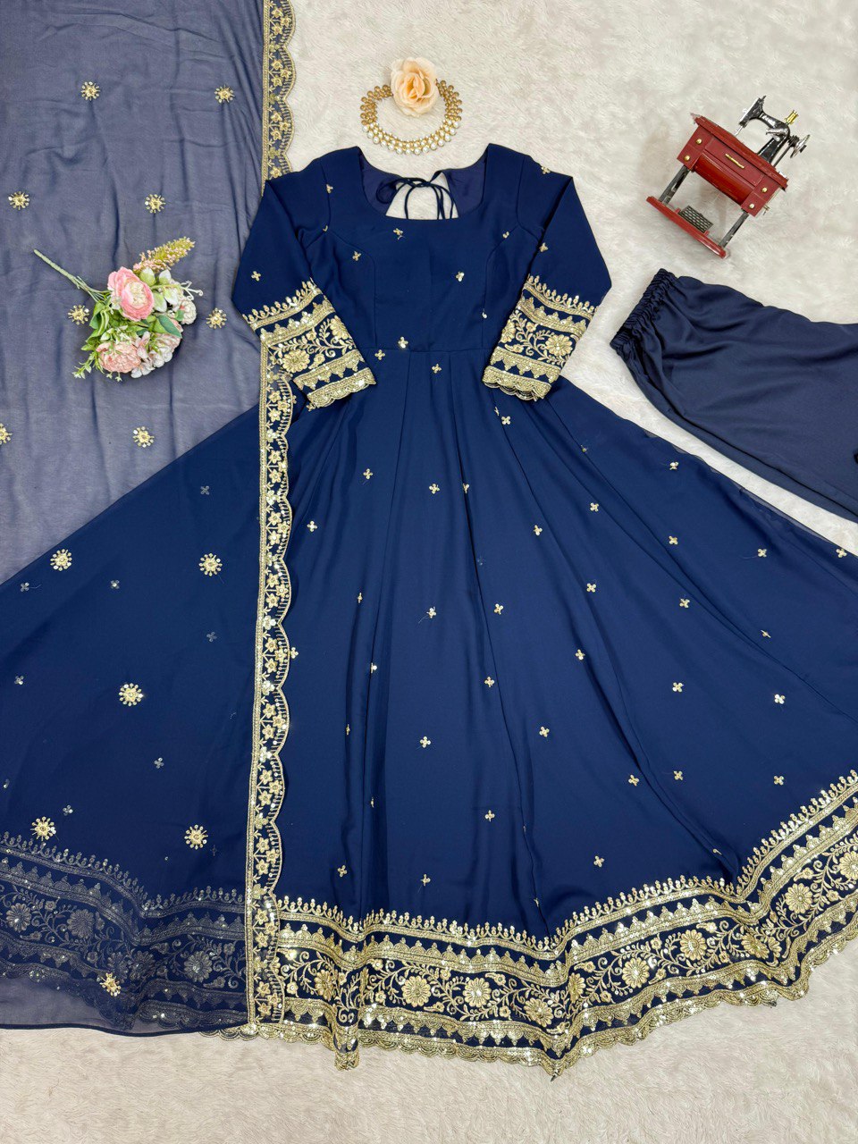 Faux Navy Blue Georgette Gown – Elegant Party Wear for Women