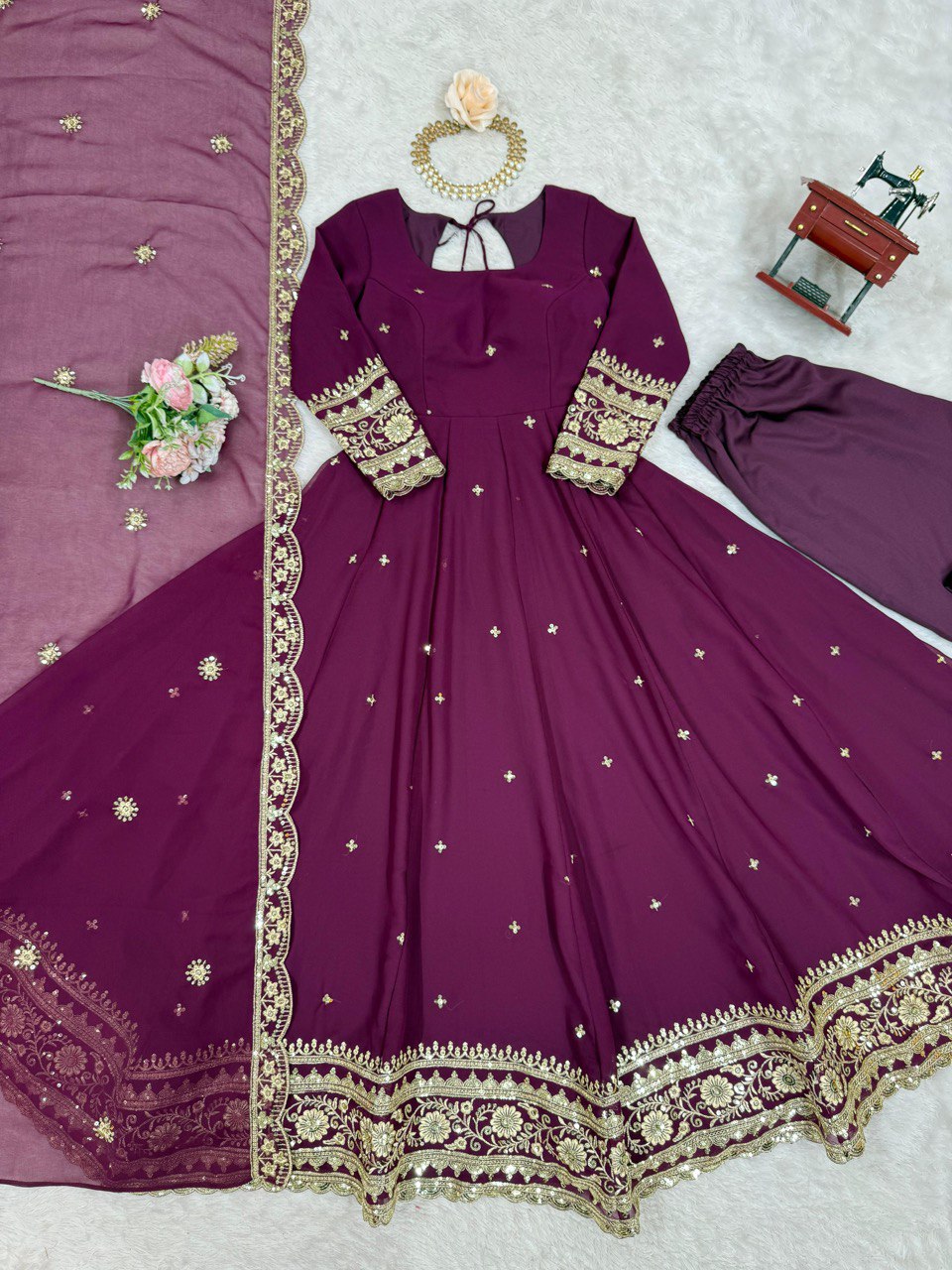 Faux Wine Georgette Gown – Elegant Party Wear for Women