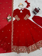 Faux Red Georgette Gown – Elegant Party Wear for Women