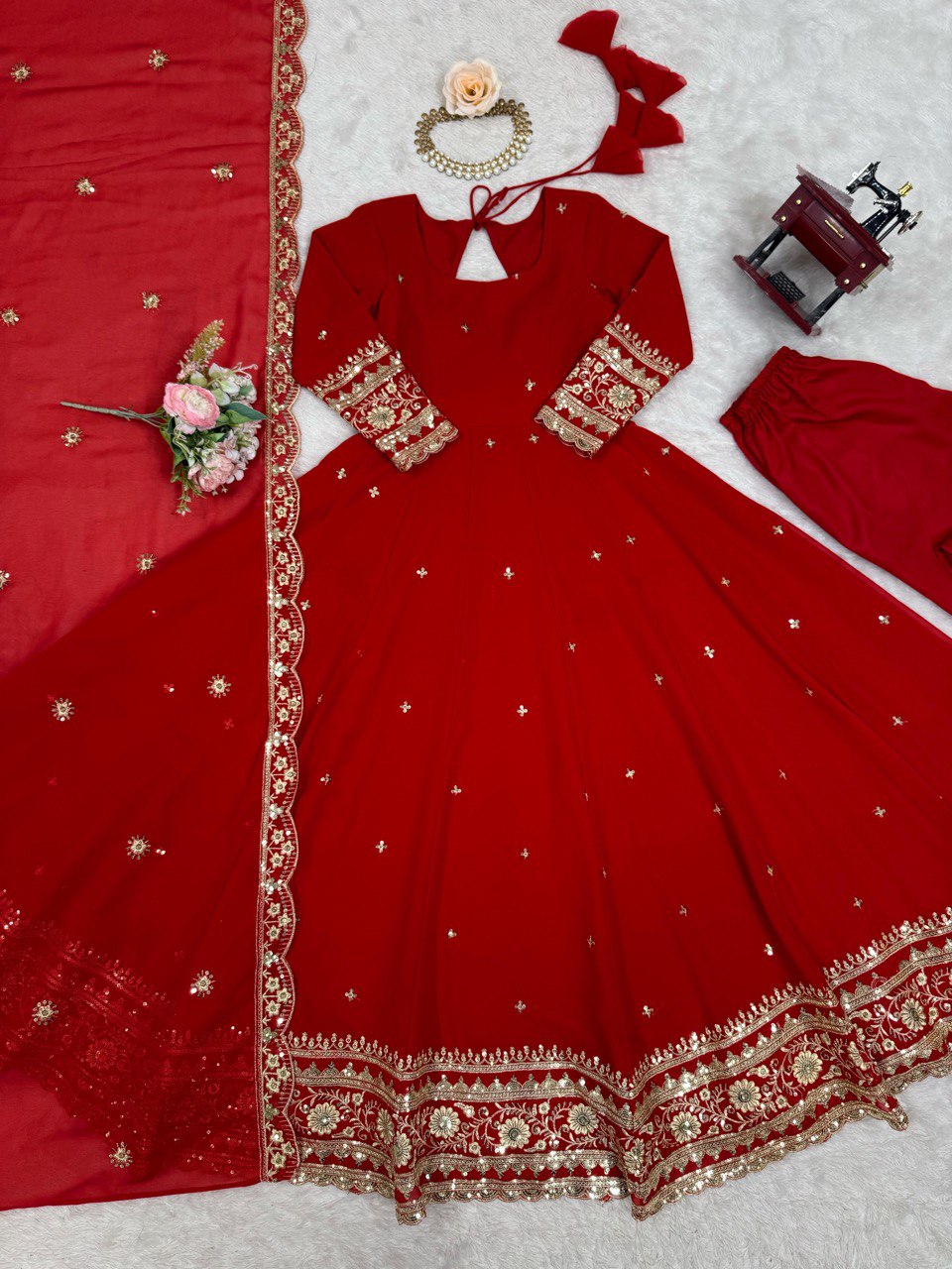 Faux Red Georgette Gown – Elegant Party Wear for Women