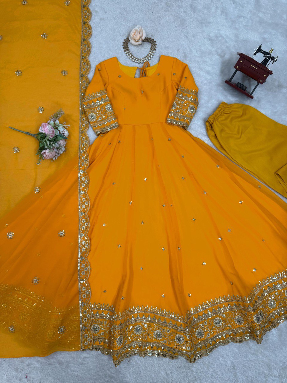 Faux Yellow Georgette Gown – Elegant Party Wear for Women